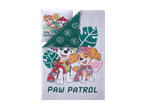 Sengesæt med hvide og grønne Paw Patrol-motiver, inklusive pudebetræk og dynebetræk.