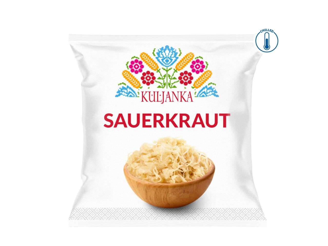 Kuljanka sauerkraut in a white pouch with traditional folk art design.