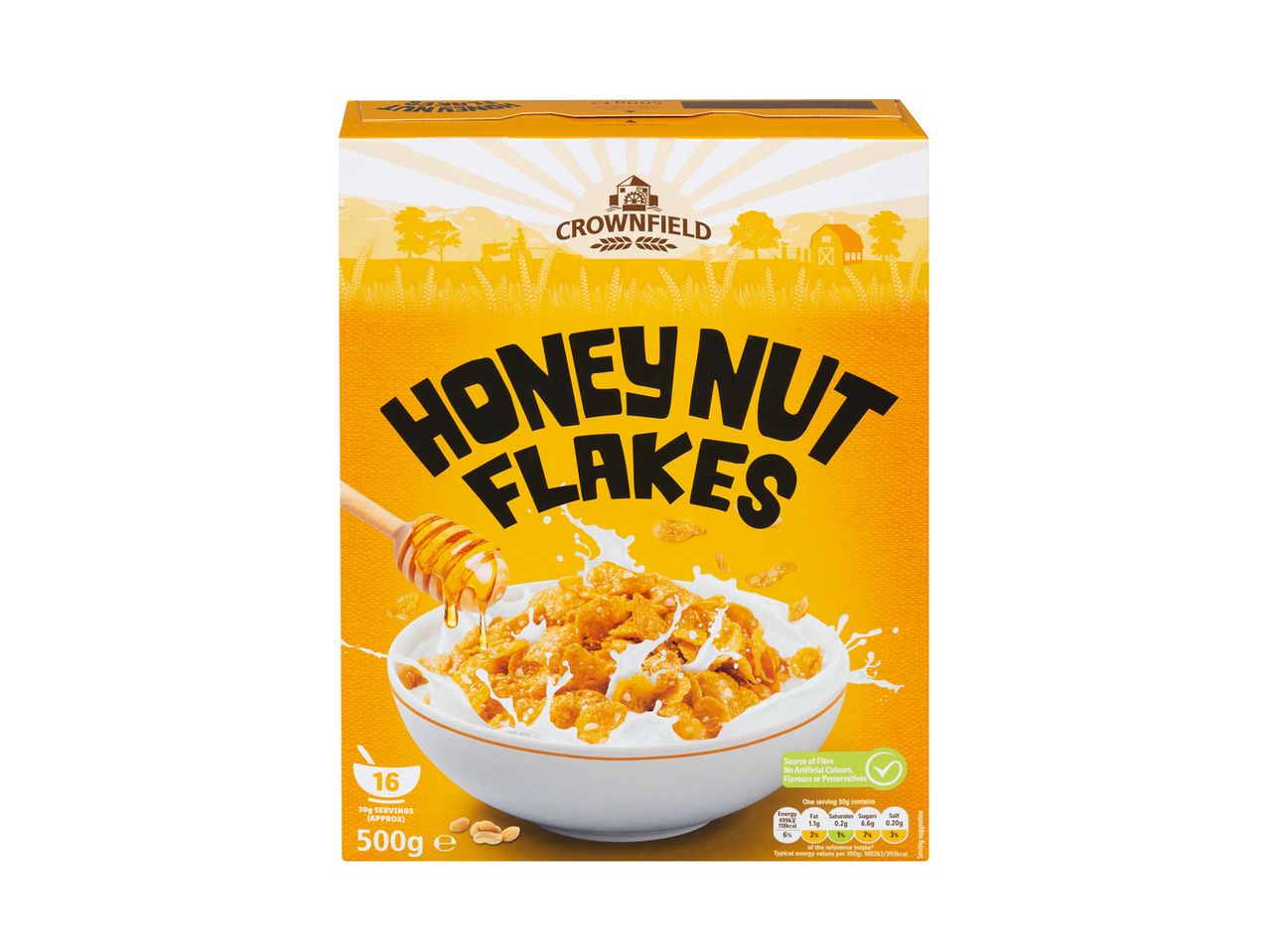 Crownfield Honey Nut Flakes: 500g crunchy honey and nut cereal.