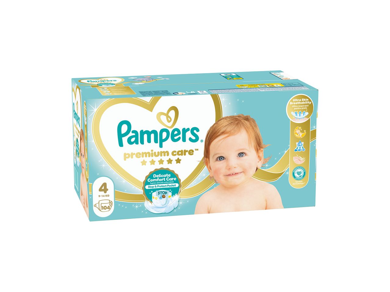 Συσκευασία Pampers Premium Care, μέγεθος 4, με 104 πάνες και χαρακτηριστικά φροντίδας δέρματος.