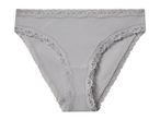 Light grey ribbed women's briefs with delicate lace trim.