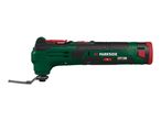 Cordless oscillating multi-tool with a blade attachment, green and black with red accents.