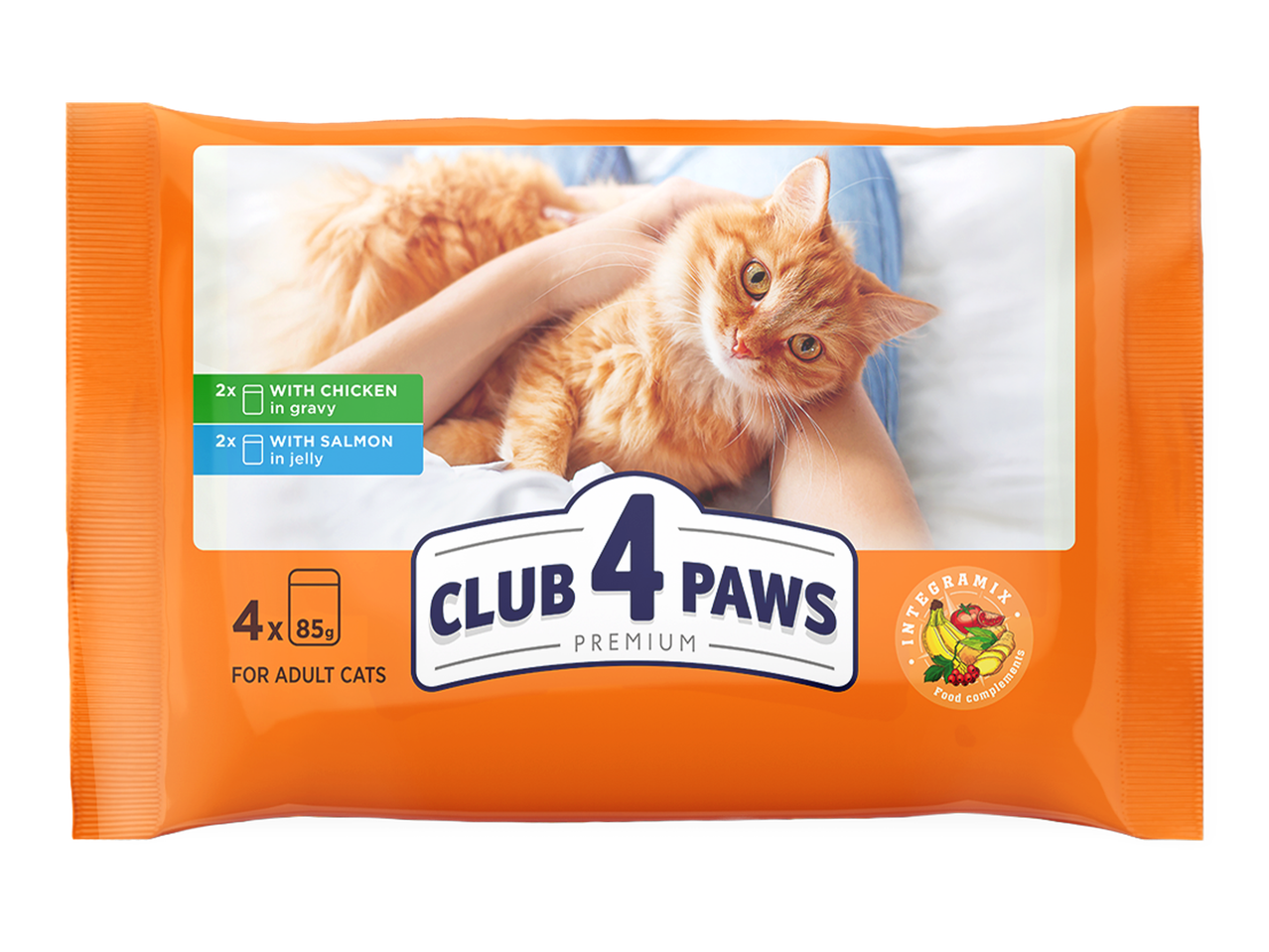 Pachet de hrană pentru pisici, cu 4 plicuri de 85g, cu pui în sos și somon în jeleu, pentru pisici adulte.