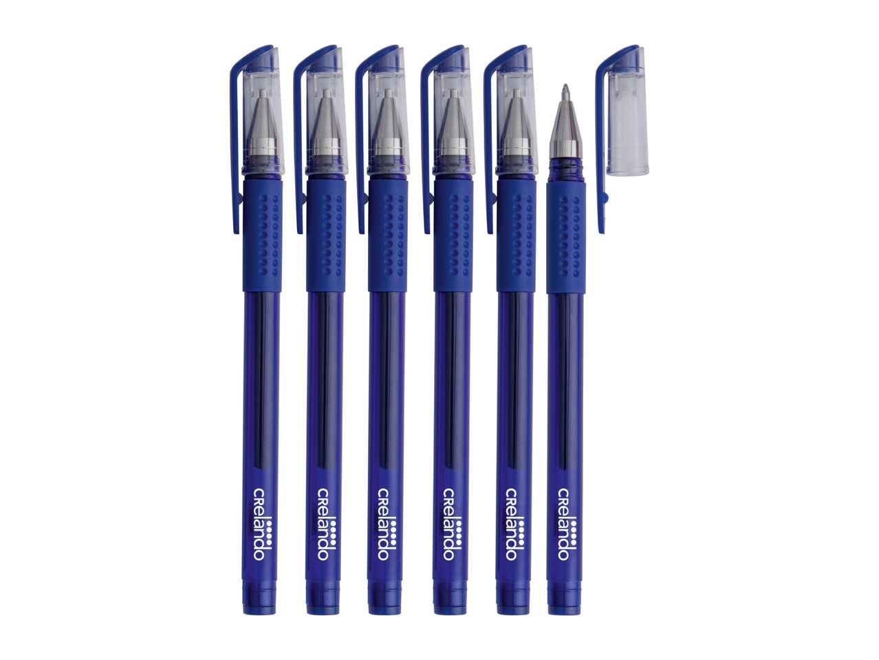 Six blue gel pens, one with its cap removed, arranged vertically on a white background.