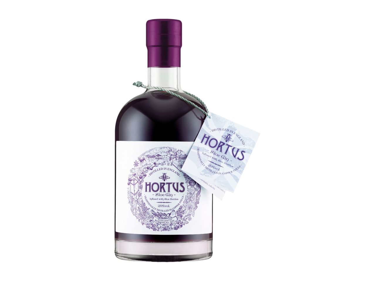 A bottle of Hortus Sloe Gin, infused with sloe berries, 29% vol.