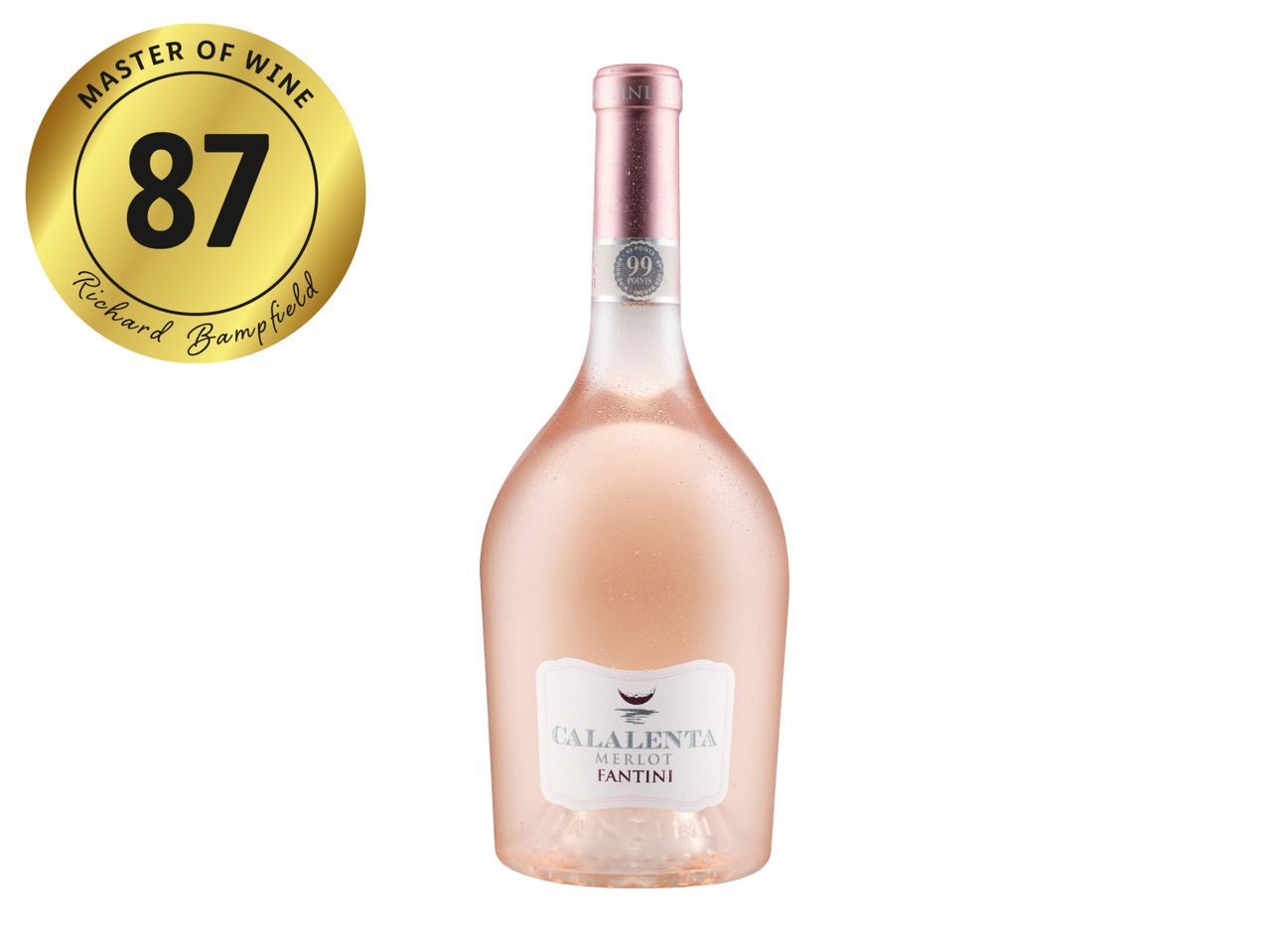A bottle of rosé wine with a label reading 'CALALENTA MERLOT' and a gold medal with '87 MASTER OF WINE Richard Bampfield'.