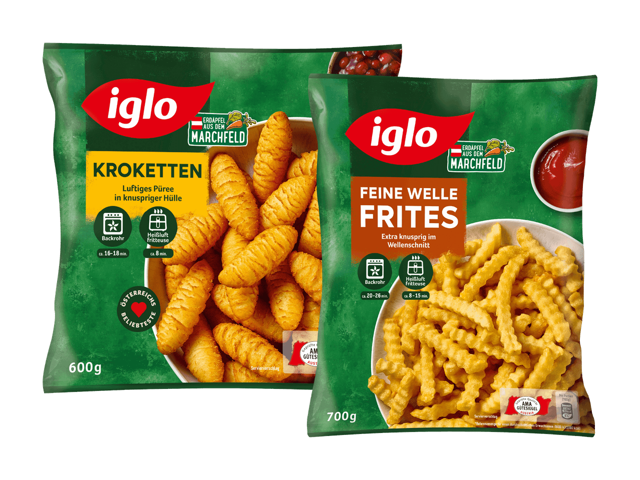 Zwei Packungen Iglo-Kartoffelprodukte: Kroketten und gewellte Pommes Frites.