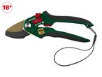 Green and black garden pruning shears with a safety lock and a wrist strap.
