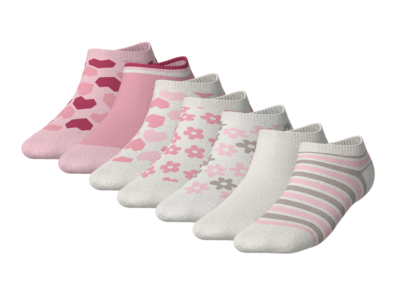 Set od sedam ženskih kratkih čarapa u ružičastim i sivim tonovima s uzorcima srca, cvijeća i pruga.