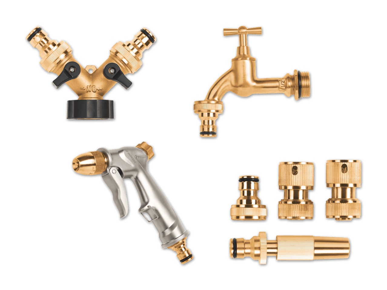 Gartenschlauch-Zubehör-Set aus Messing, darunter ein Y-Verteiler, Wasserhahn, Spritzpistole und verschiedene Anschlüsse.