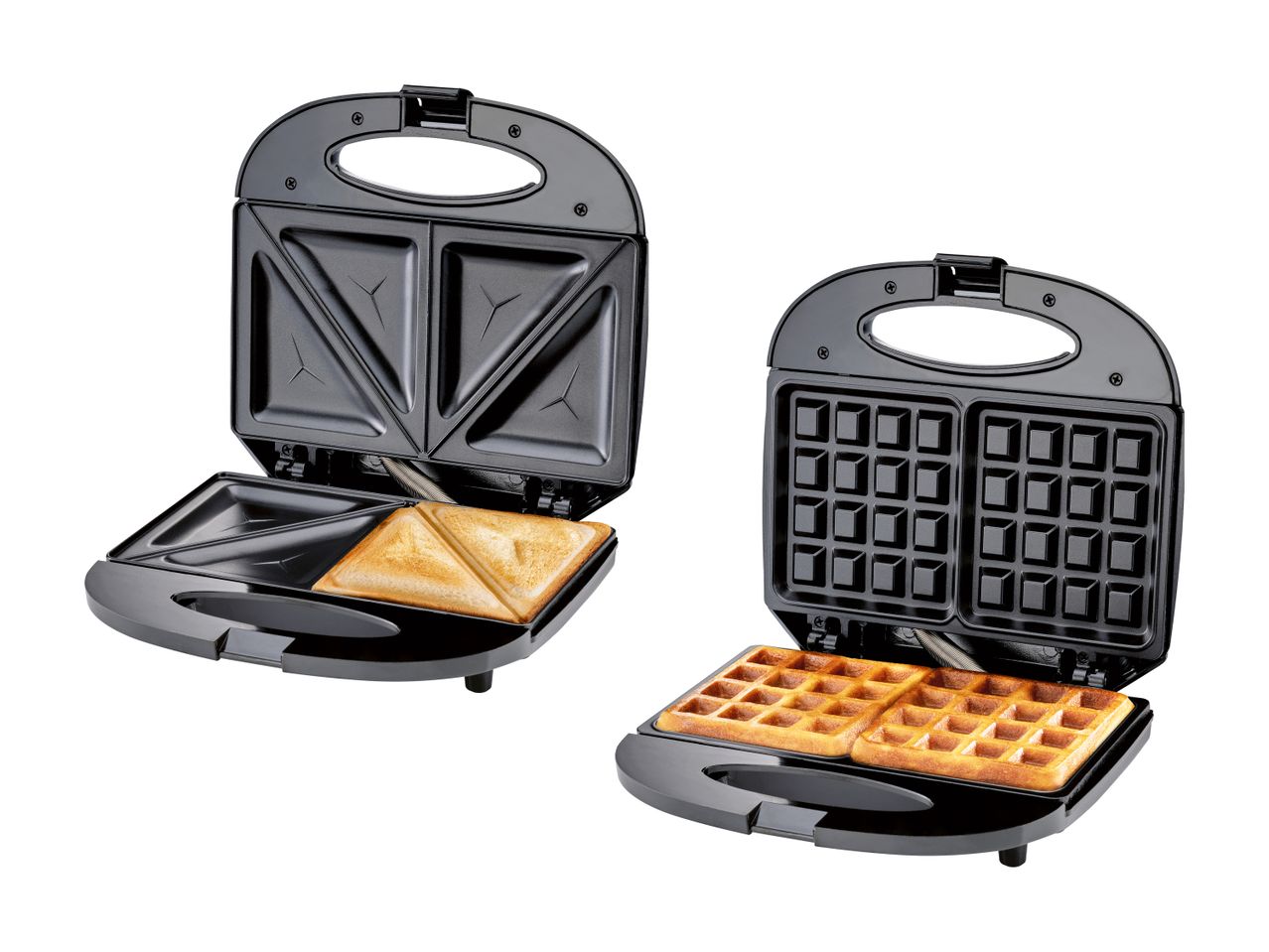 To sorte sandwich- og vaffeljern, der viser henholdsvis toast og vafler.