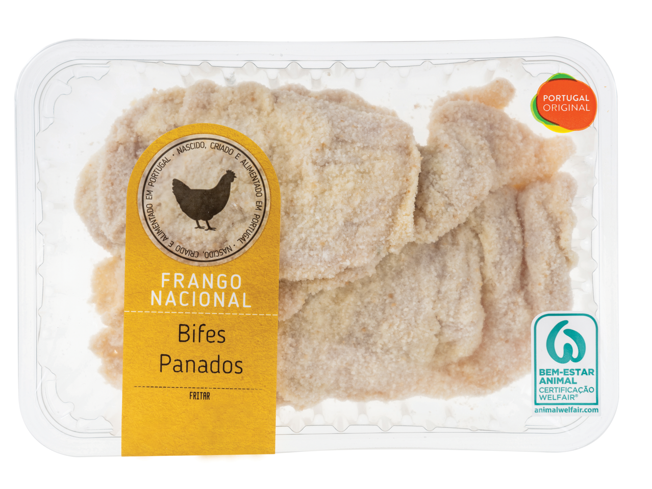 Embalagem de Bifes Panados de Frango Nacional, com selo de Bem-Estar Animal.