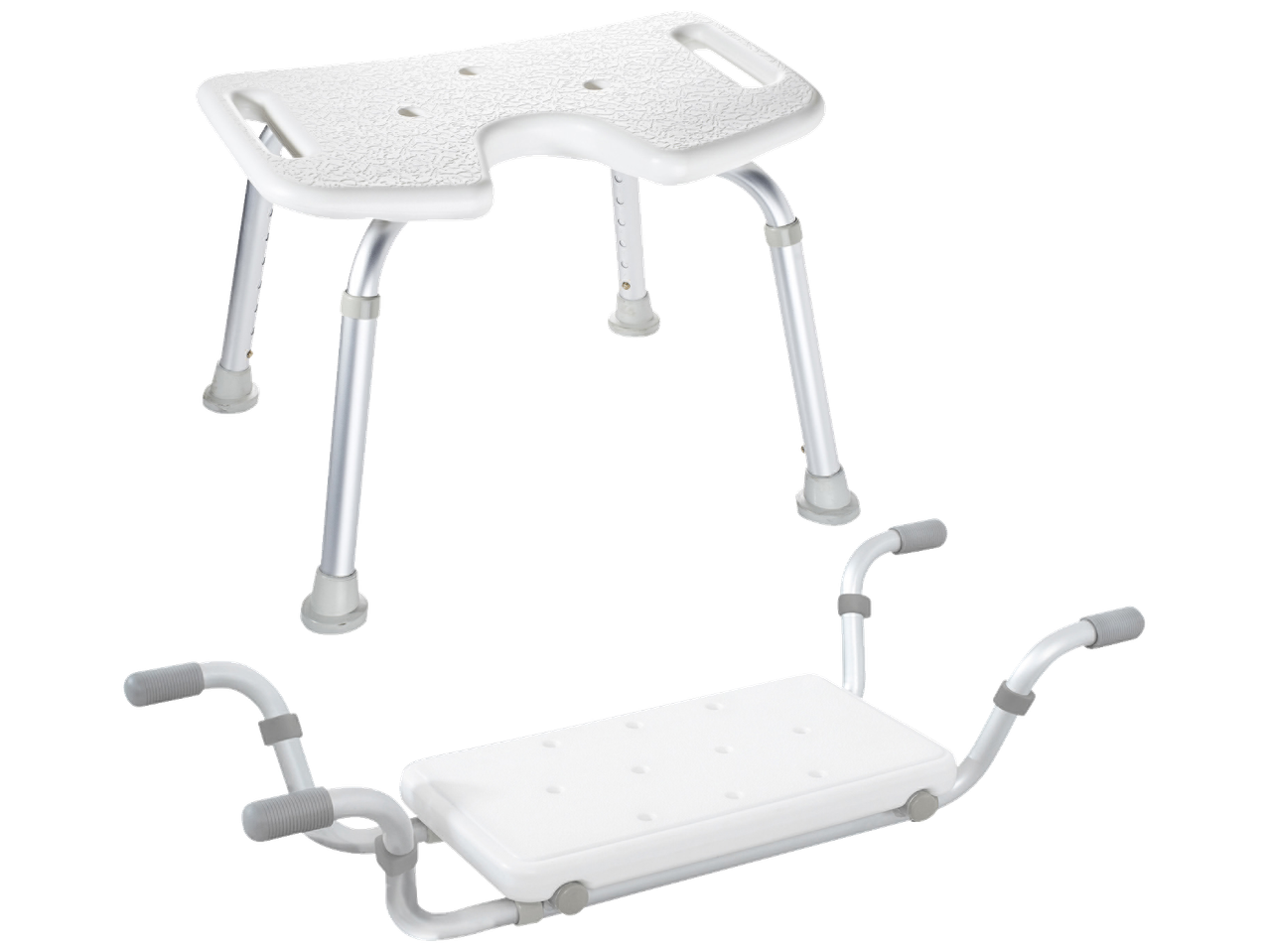 Ridder bathroom aids: white shower stool and bath seat with handles.
