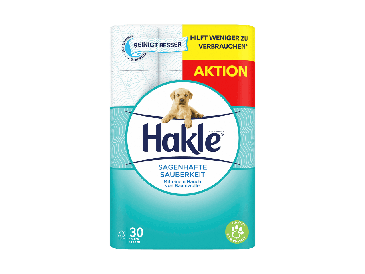 Paquet de papier toilette Hakle avec un chiot Labrador et des informations sur le produit.