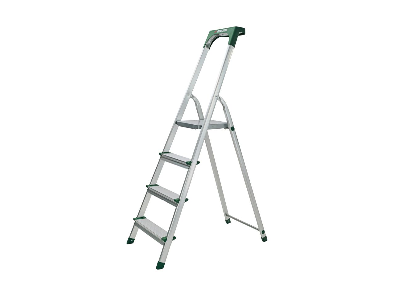 Silver stepladder with green accents, featuring four steps and a top platform.