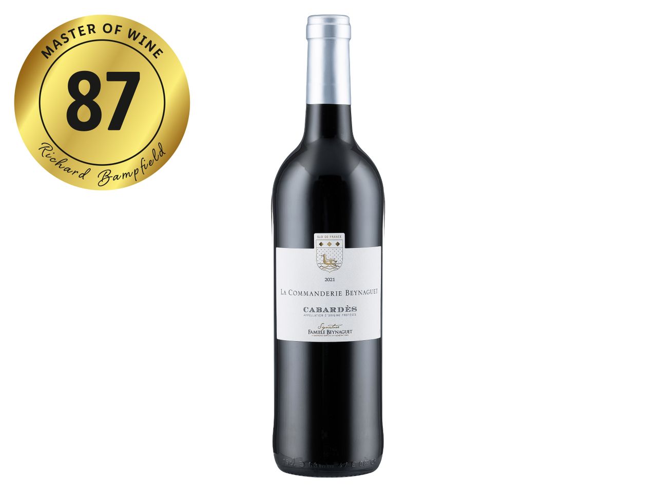 Red wine bottle, La Commanderie Beynaguet Cabardès 2021, with a gold Master of Wine 87-point rating.