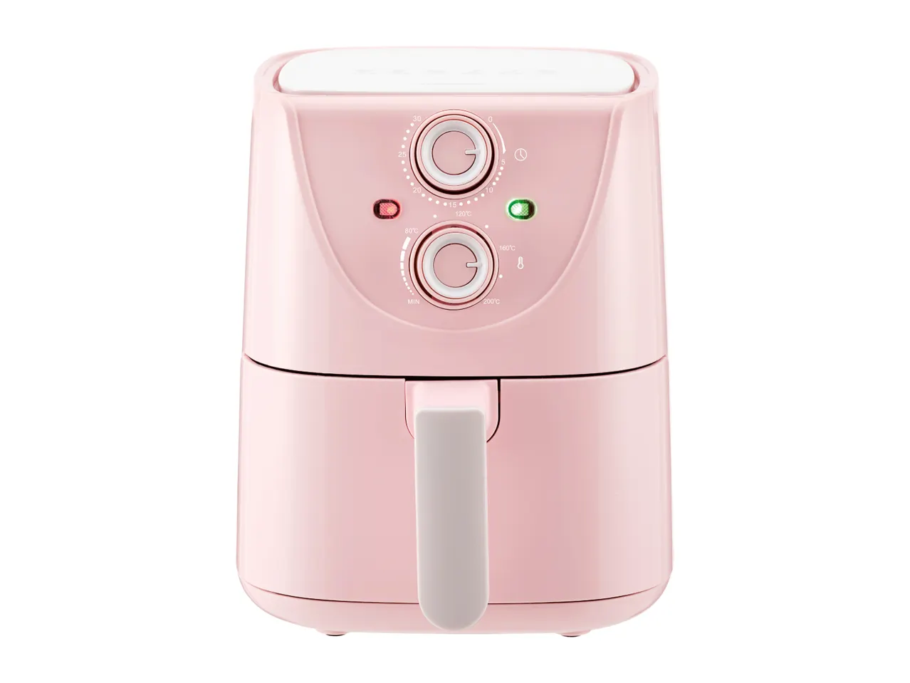 Pink air fryer with two control knobs and indicator lights