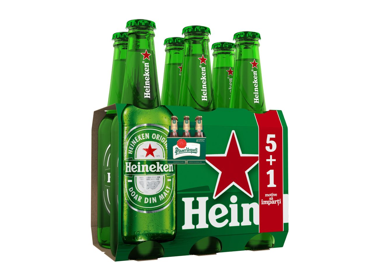 Șase sticle de bere Heineken într-un ambalaj verde, cu o ofertă 5+1.