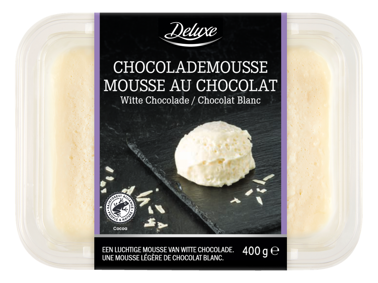 Deluxe Witte Chocolademousse in een doorzichtige plastic verpakking, 400g.
