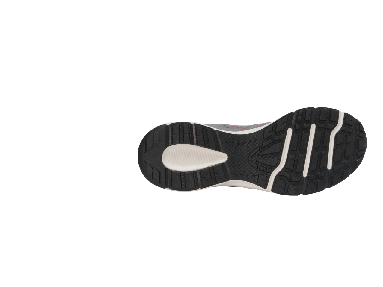 Đon sive sportske patike sa belim i crnim detaljima, pogled odozdo.