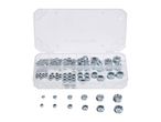 A plastic case filled with various sizes of metal nuts and bolts.