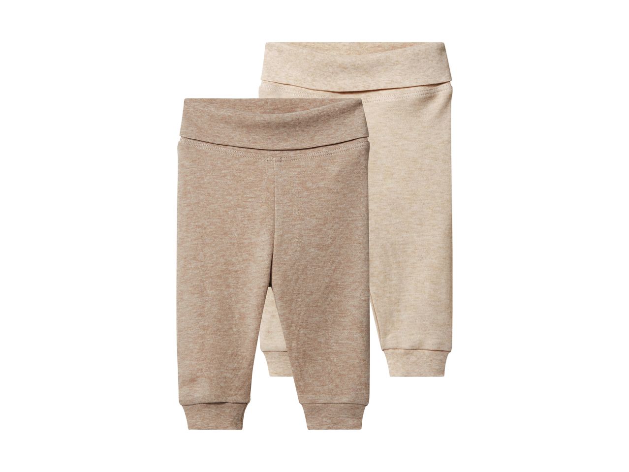 To par babybukser i beige og brun med brede, foldbare taljebånd.