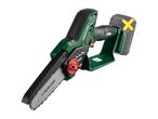 Cordless mini chainsaw with a guide bar and chain, shown without a battery.