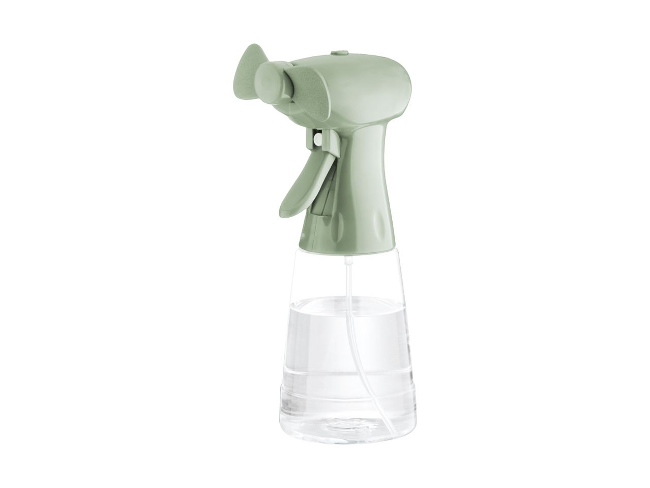 A sage green plastic spray bottle with a trigger mechanism.