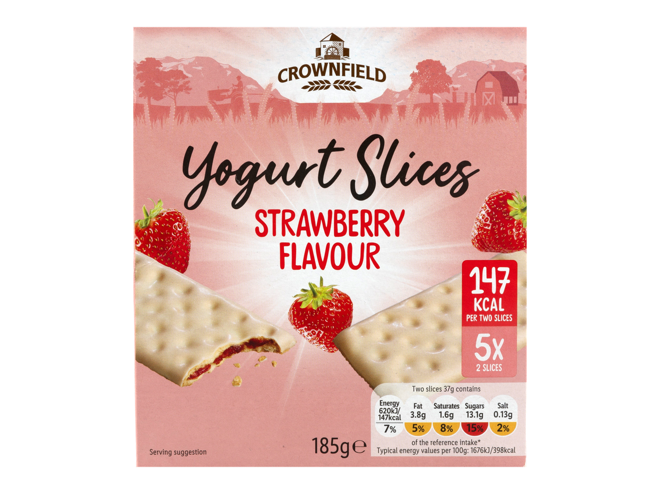Crownfield Strawberry Yogurt Slices packaging with nutritional information.