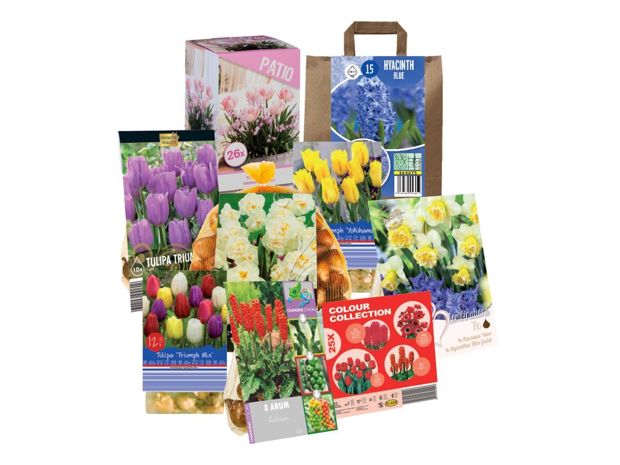 Dažādi ziedu sīpolu iepakojumi, tostarp tulpes, hiacintes un narcises, ar uzrakstiem 'PATIO' un 'COLOUR COLLECTION'.