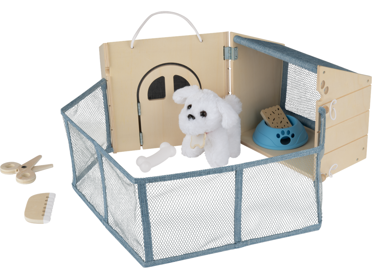 Playtive Wooden Pet Sets: a doghouse with a plush dog, bone, food bowl, scissors, and comb.