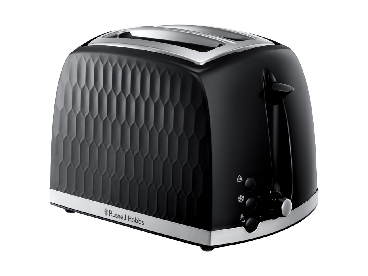 Black 2-slice toaster with a textured hexagonal pattern and silver accents