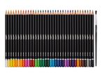 A set of 36 black watercolor pencils and one paintbrush, arranged in a row.