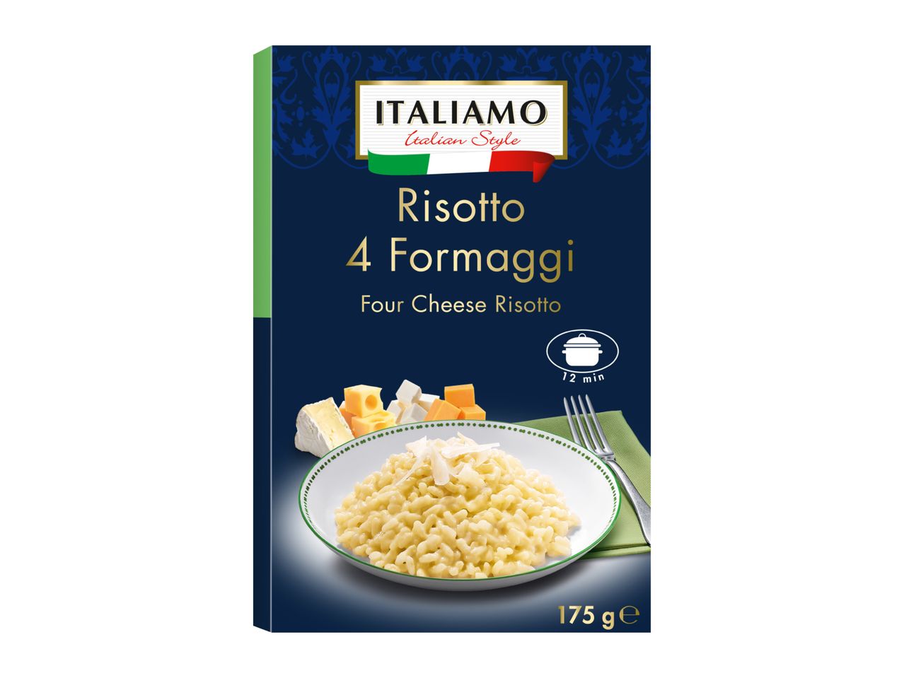 Four cheese risotto mix in a box, with a serving suggestion of risotto and cheese.