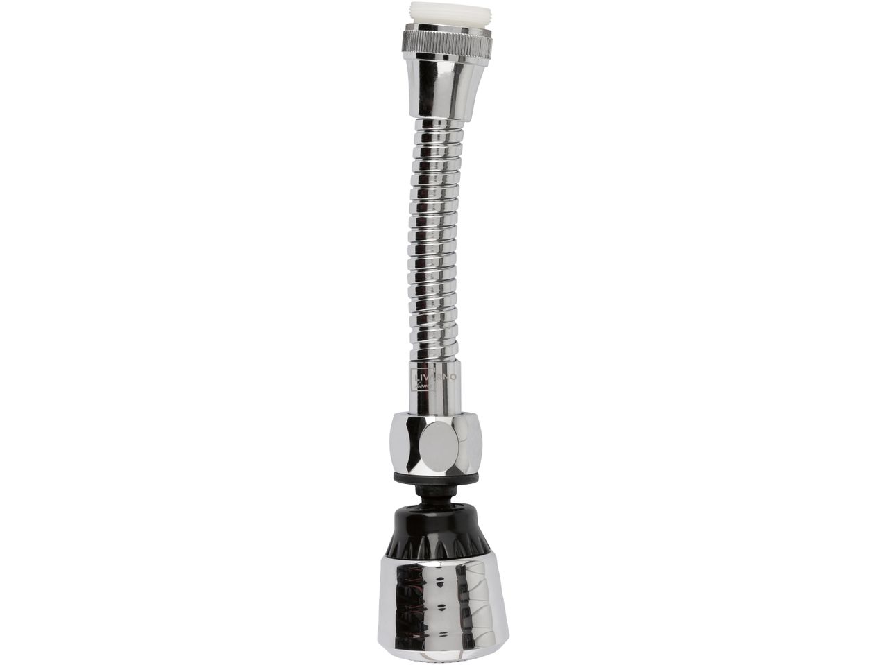 Un rubinetto da cucina con tubo flessibile in metallo cromato.