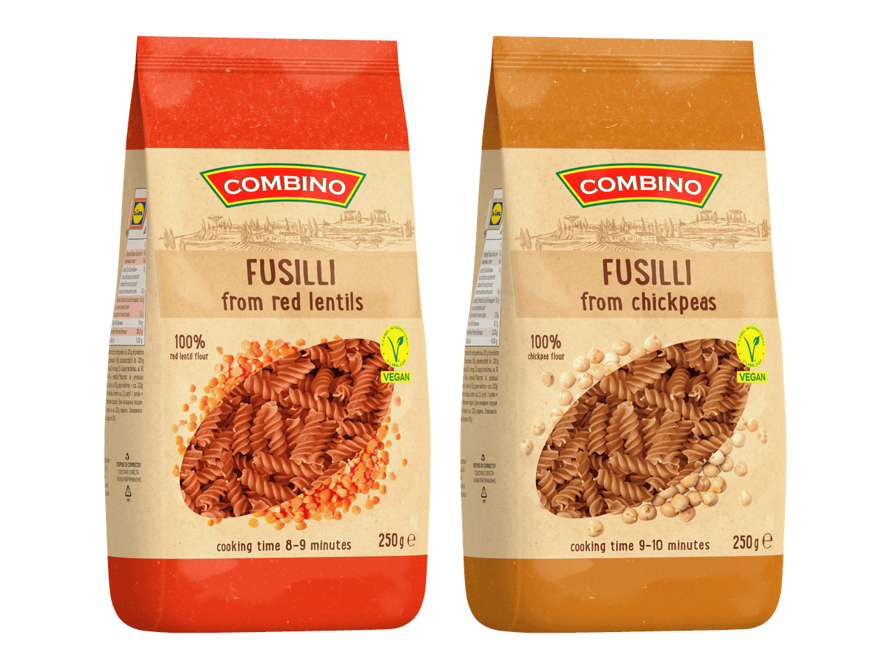 Kaksi pakkausta fusillipastaa: toinen punaisista linsseistä ja toinen kikherneistä.