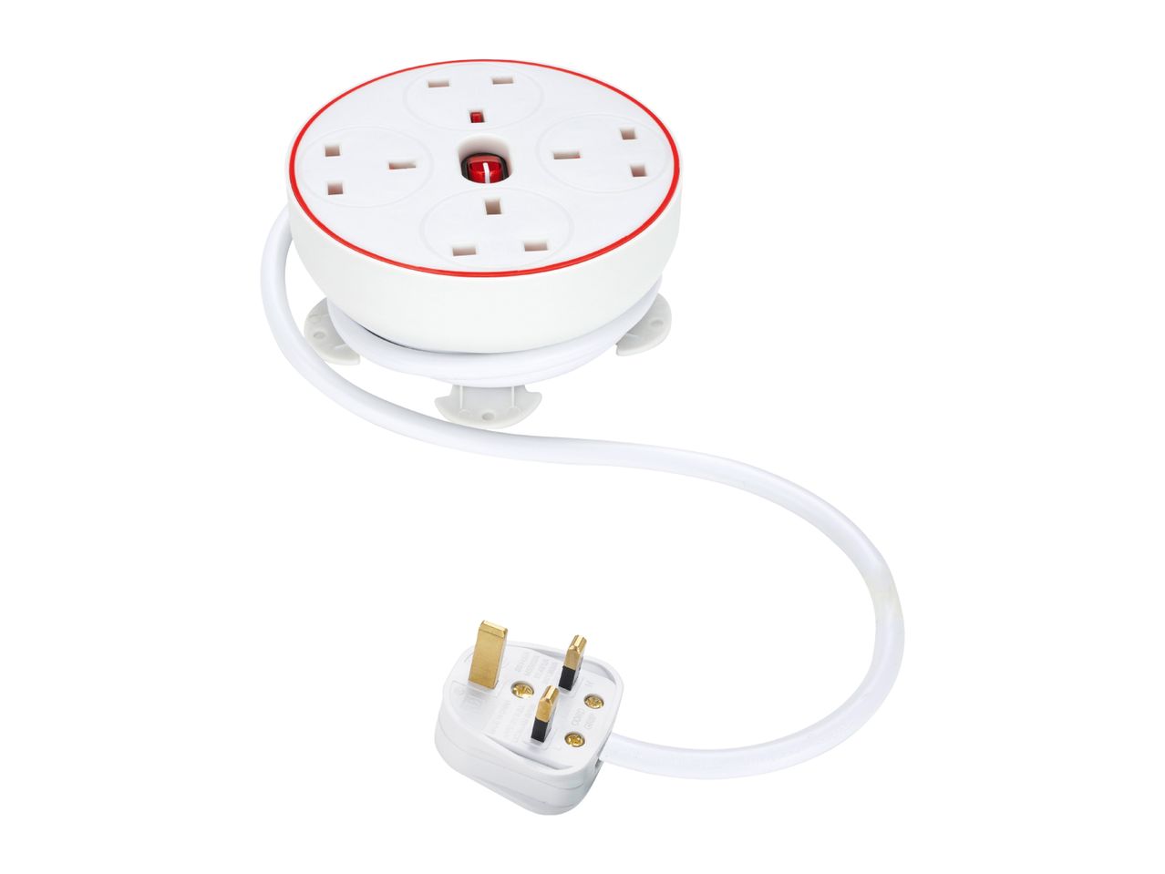 White circular 4-way extension lead with red trim and a UK plug.