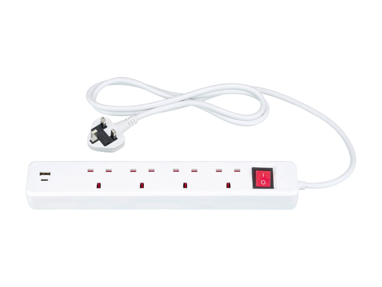 White power strip with six outlets, two USB ports, and a red on/off switch, with a coiled cable and UK plug.