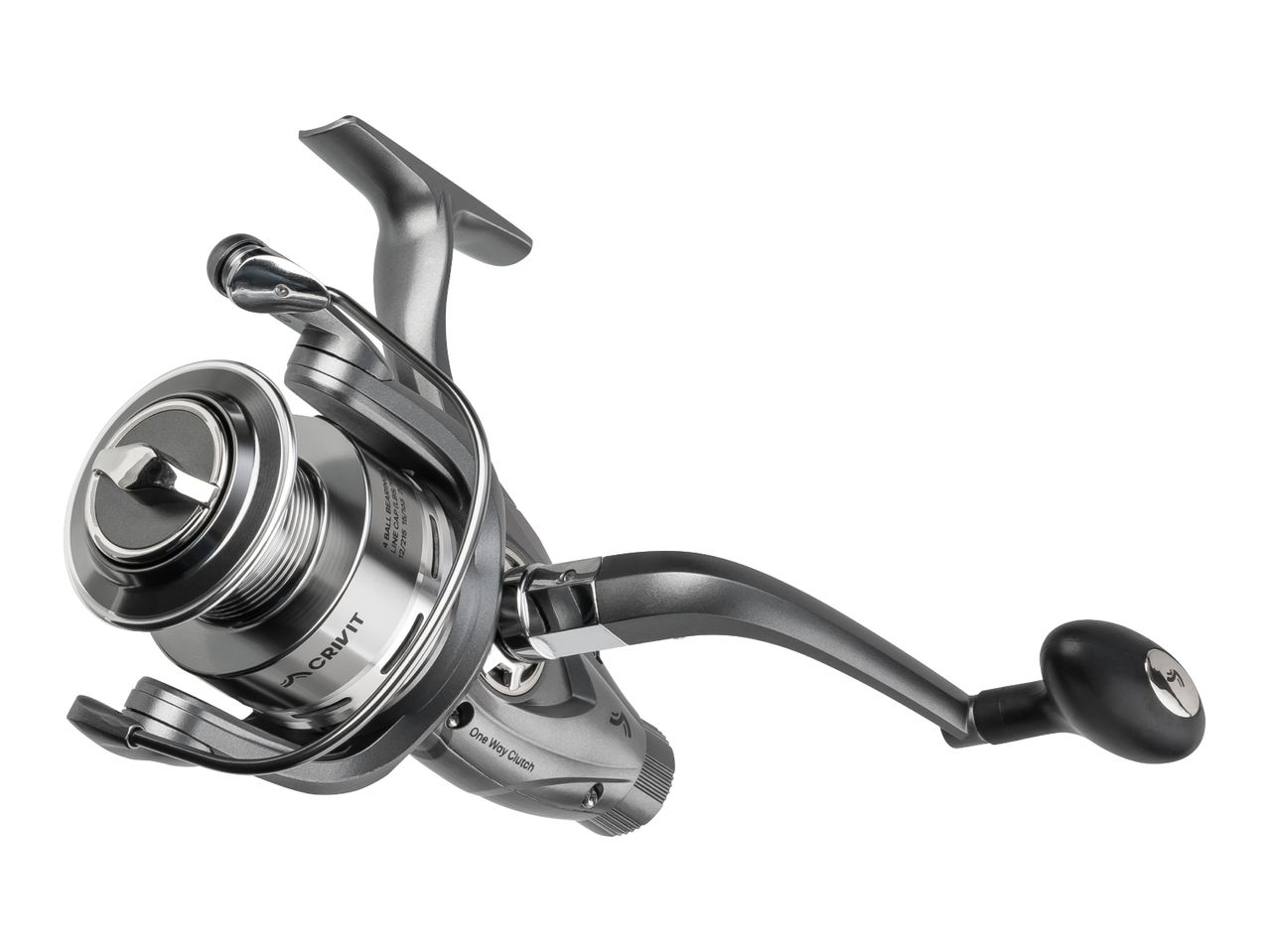 A silver fishing reel with a black handle, featuring text indicating '4 Ball Bearing' and 'One Way Clutch'.