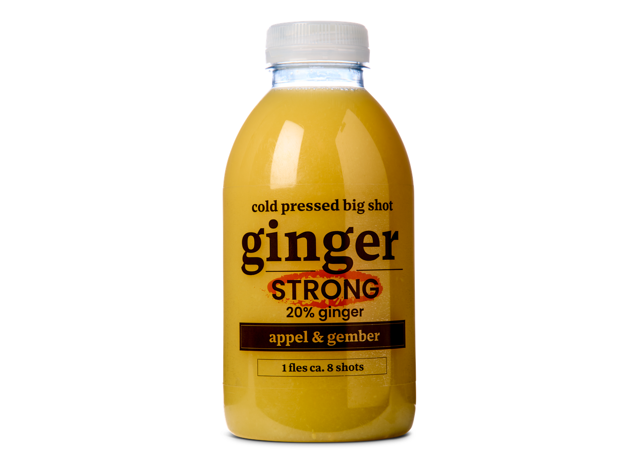 Fles koudgeperste Big Shot Strong gember-appel sap.