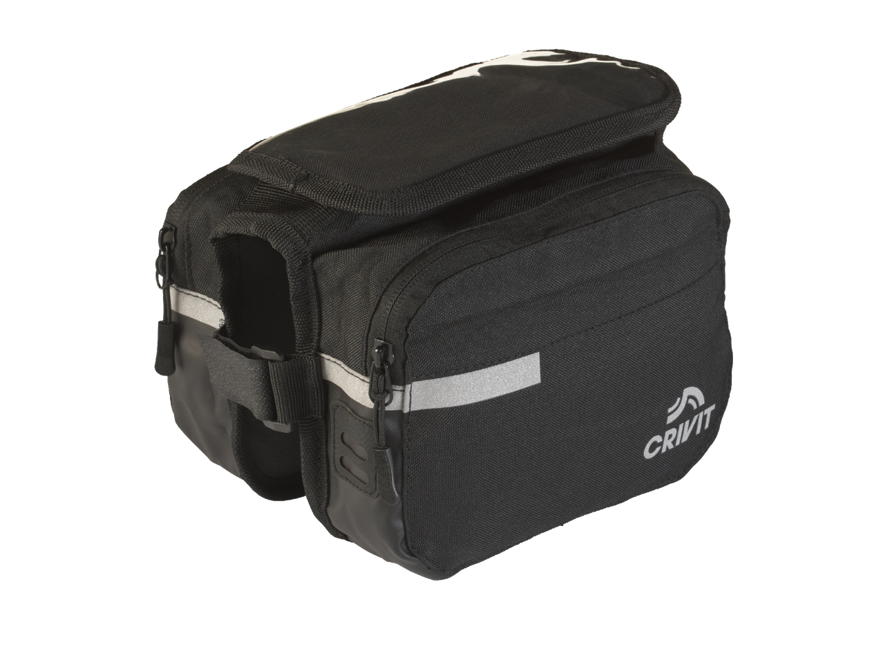 Черна чанта за велосипед с две отделения, светлоотразителни елементи и ципове.