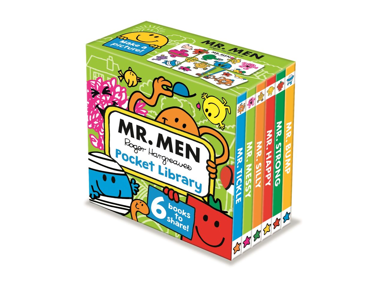 Mr. Men Pocket Library with 6 books including Mr. Tickle, Mr. Messy, Mr. Silly, Mr. Happy, Mr. Strong, and Mr. Bump.
