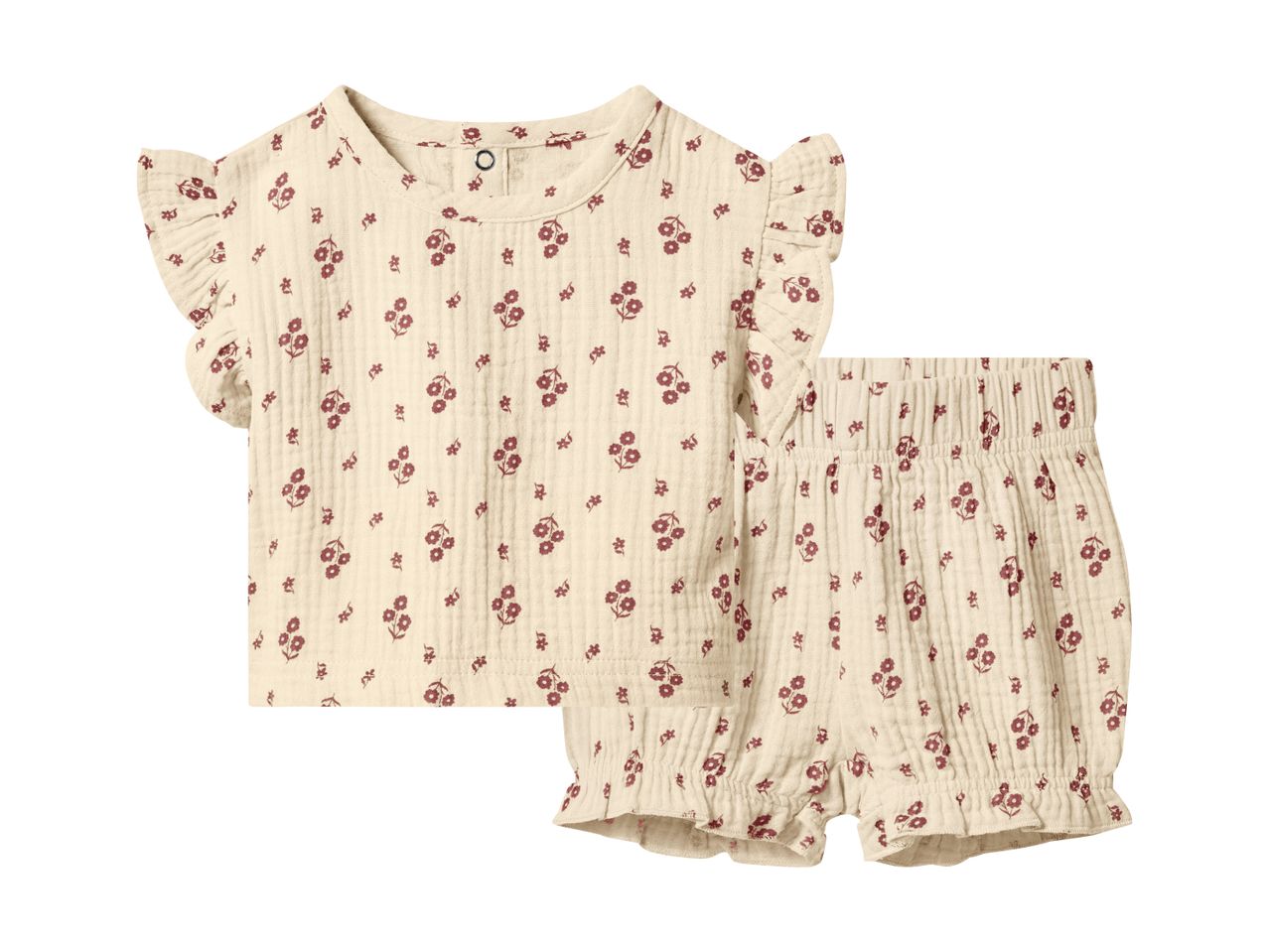 Sæt med cremefarvet babybluse og shorts med rødt blomstermønster.