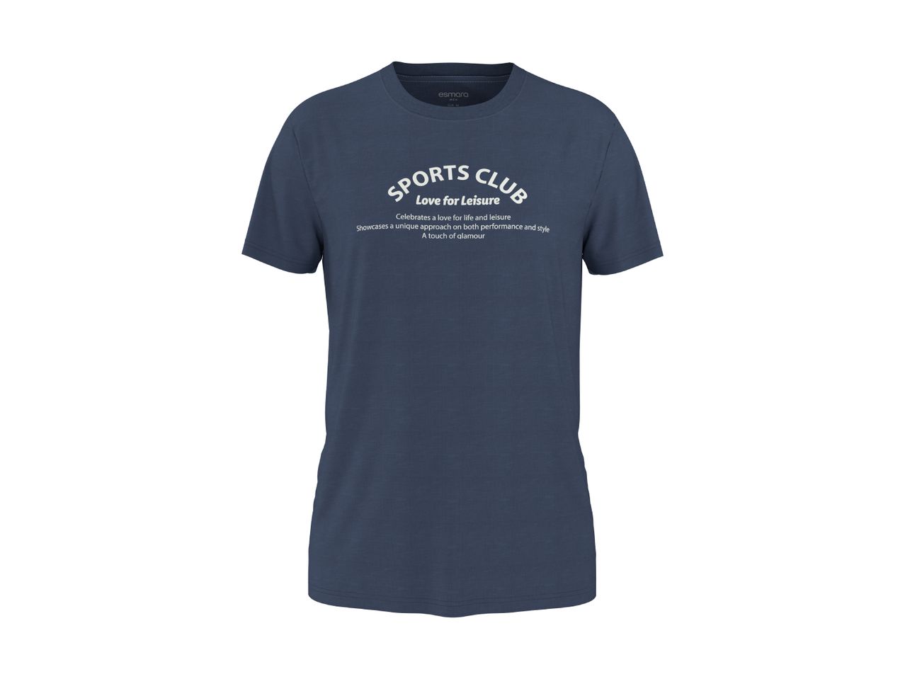 Mørkeblå t-shirt med teksten 'SPORTS CLUB Love for Leisure' og en beskrivelse af livsstil.