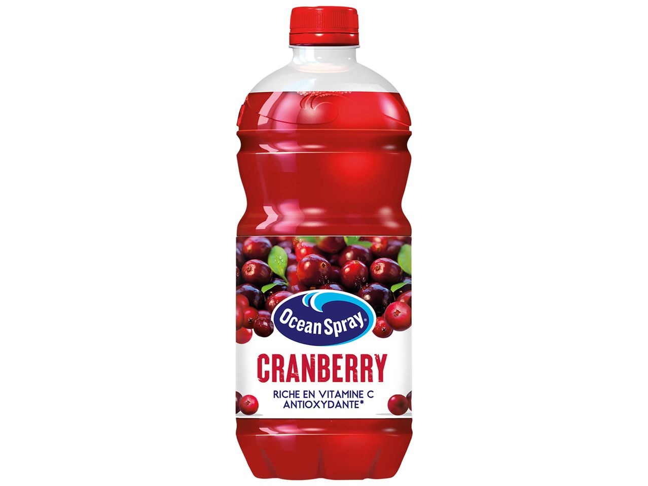 Boisson cranberry OceanSpray en bouteille plastique.