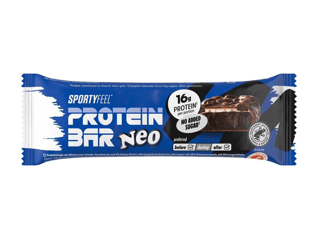 Barre protéinée au goût crème de lait-chocolat avec 16g de protéines, sans sucre ajouté.