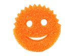 Orange smiley face sponge for cleaning dishes.