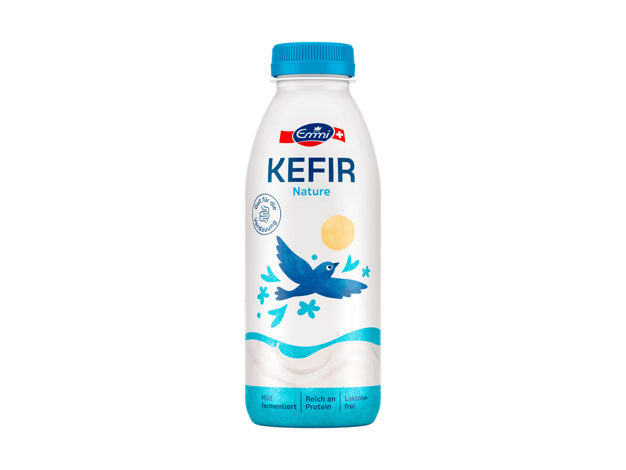 Kefir Nature Flasche mit blauer Kappe und Vogelmotiv, gut für die Verdauung