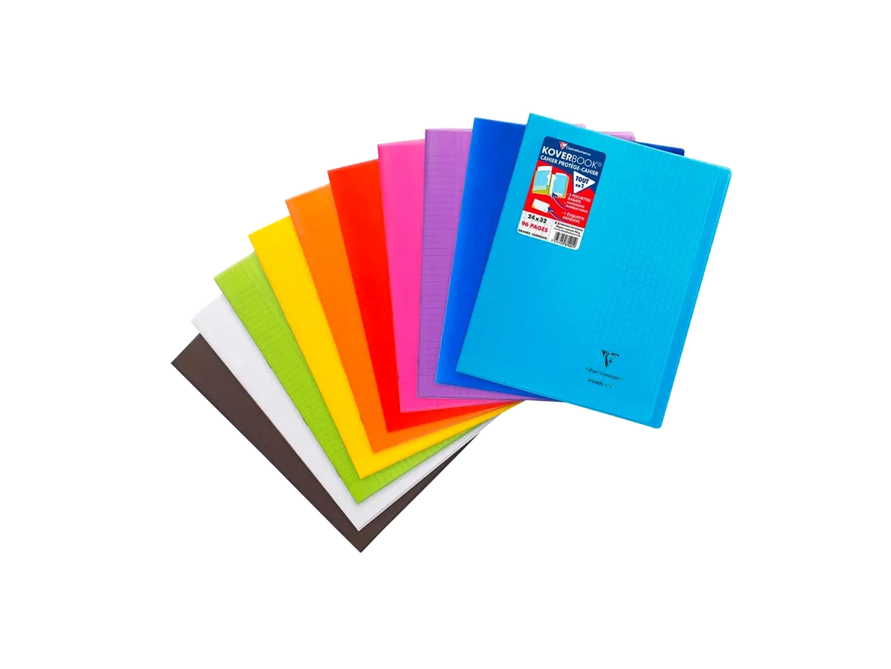 Un éventail de cahiers colorés avec une couverture protectrice, le cahier bleu en haut.