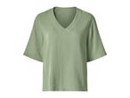 Women's light green short-sleeved V-neck top with a textured fabric.
